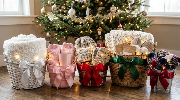 Brrr basket ideas with five cozy winter gift baskets under a Christmas tree
