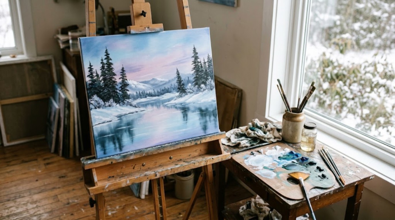Oil painting of a frozen lake with pine tree reflections on a wooden easel