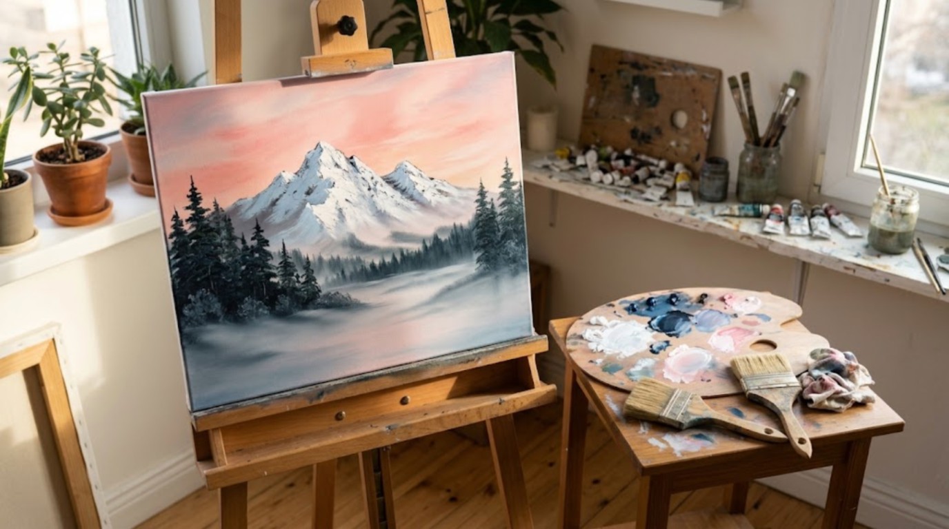 Bob Ross winter paintings inspiration: oil painting of a snowy mountain peak at dawn on an easel