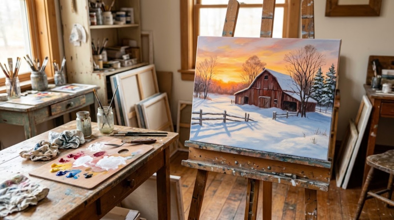 Bob Ross winter paintings idea: red barn in snow at sunset painted on canvas