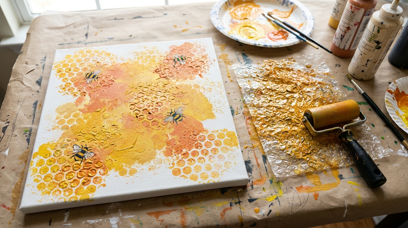 Golden honeycomb pattern stamped with bubble wrap and little bees