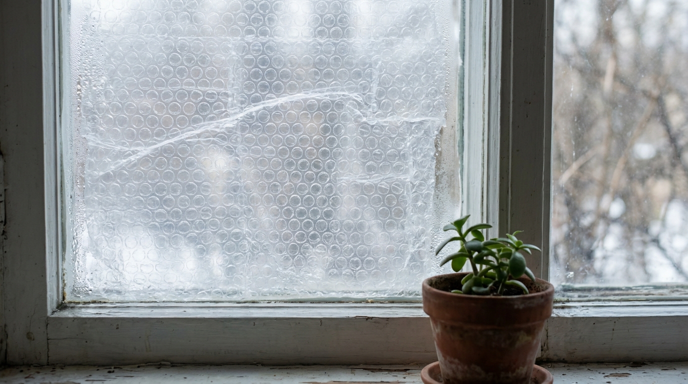 Benjamin Franklin winter hacks on a budget: bubble wrap pressed onto a window pane for insulation