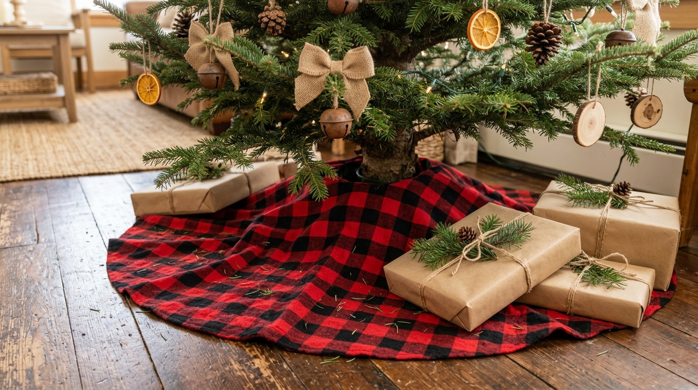 Red and black buffalo check flannel tree skirt under a farmhouse tree