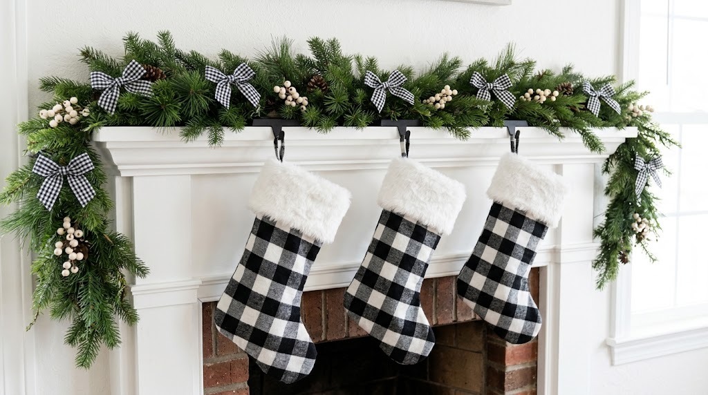 Three black and white buffalo check stockings with white fur cuffs hanging under a pine garland