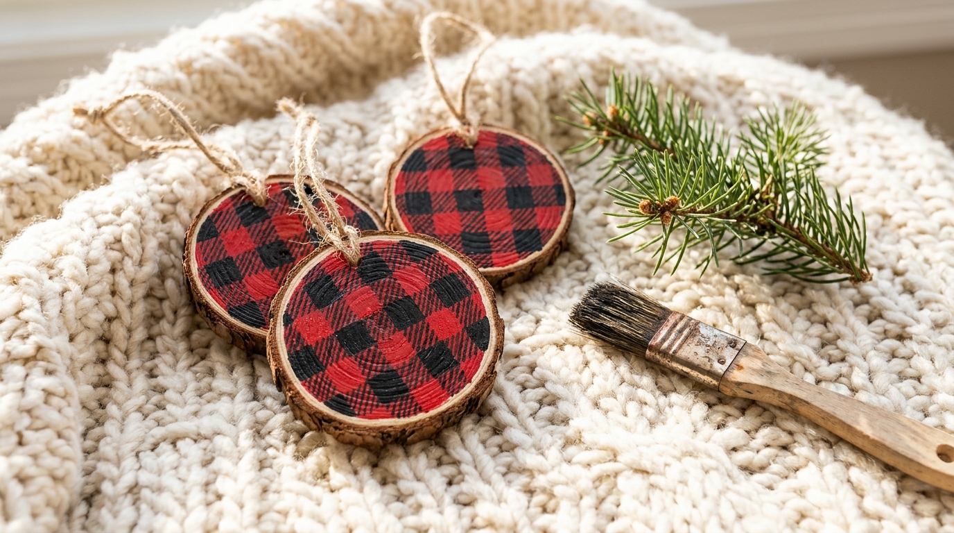 Hand painted ornaments on wood slices in red and black buffalo plaid