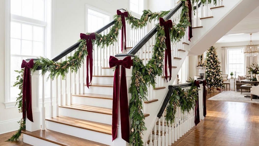Staircase bannister with garland and burgundy ribbon bows