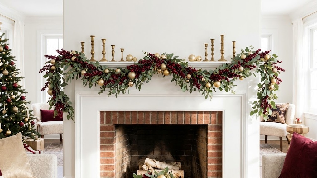 Deep red berry garland on a white mantel