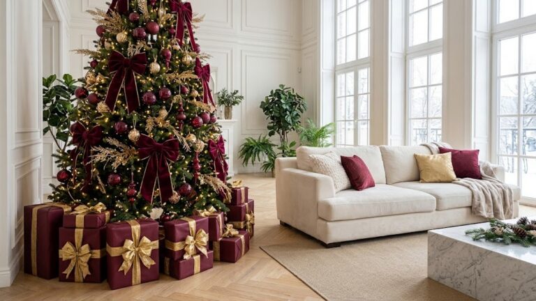 Burgundy Christmas decor: burgundy and gold Christmas tree with velvet bows and wrapped gifts