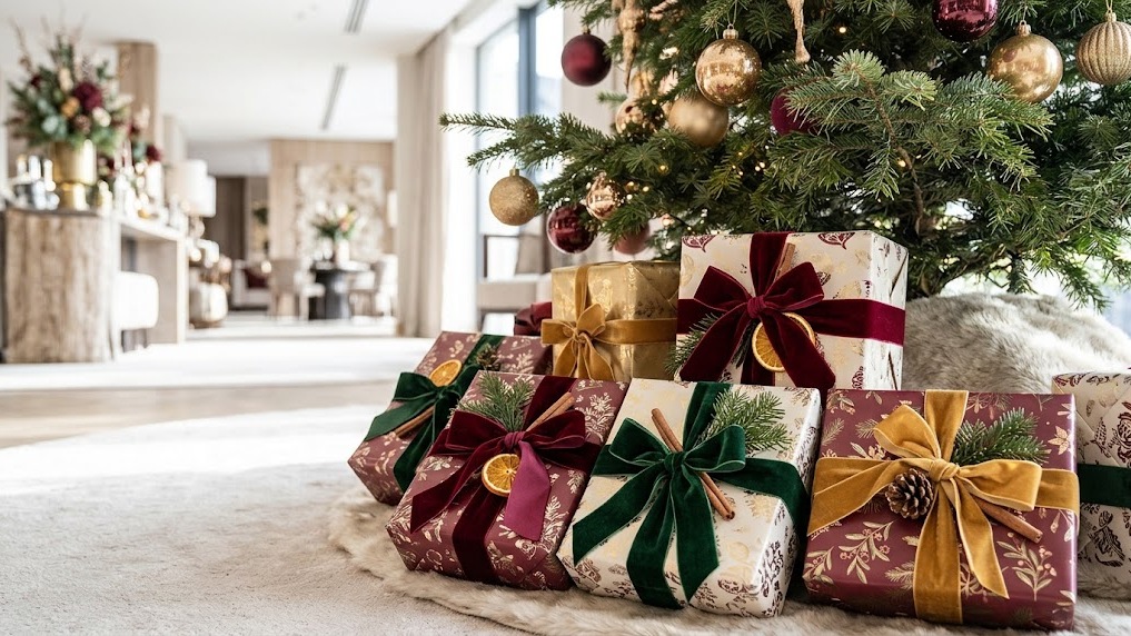 Burgundy Christmas decor gift wrap stack with velvet ribbons