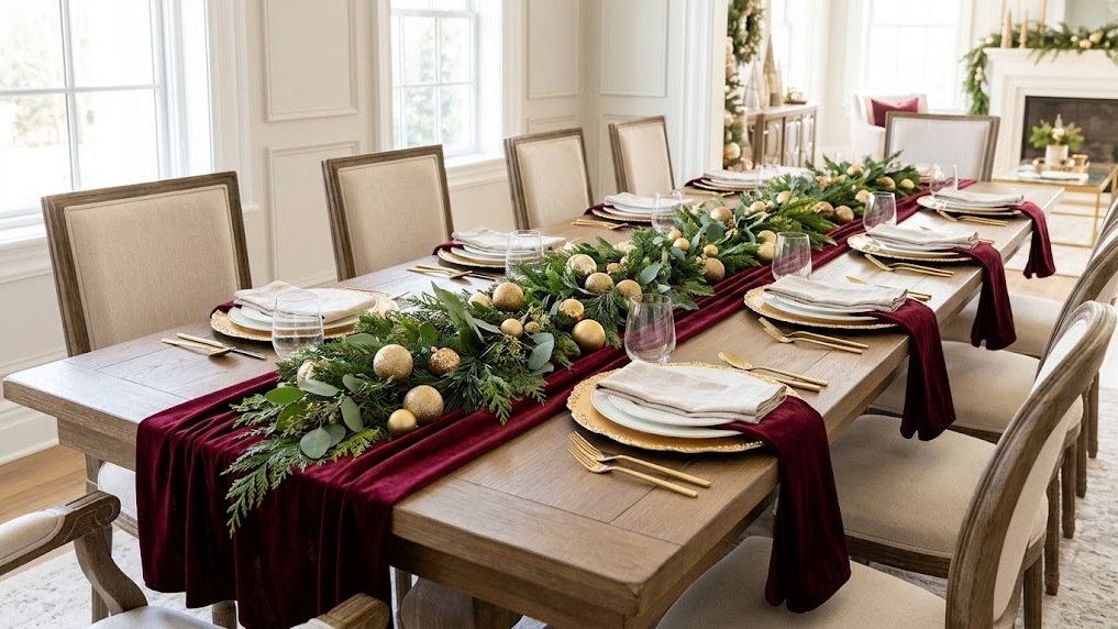 Burgundy and gold Christmas table runner on a dining table