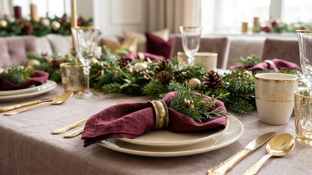 Wine colored napkins with brass napkin rings on a Christmas table
