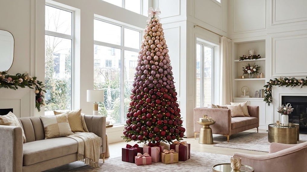Plum and pink ombre Christmas tree with burgundy ornaments at the bottom