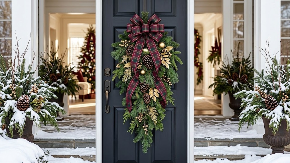 Burgundy and plaid evergreen door swag on a front door