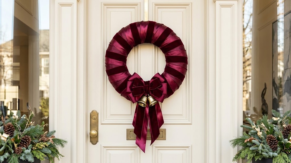 Burgundy Christmas decor ribbon wrapped wreath on a cream door