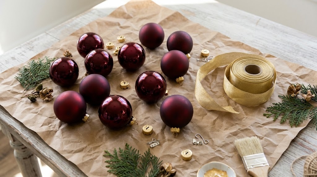 Burgundy Christmas decor ornaments painted wine red on kraft paper