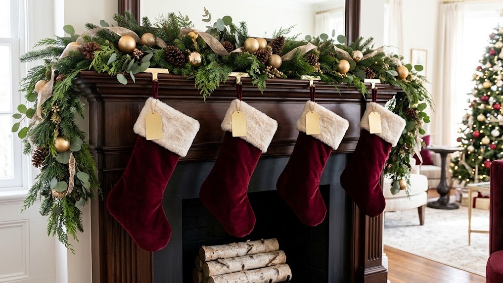 Burgundy Christmas decor velvet stockings with gold tags on a mantel