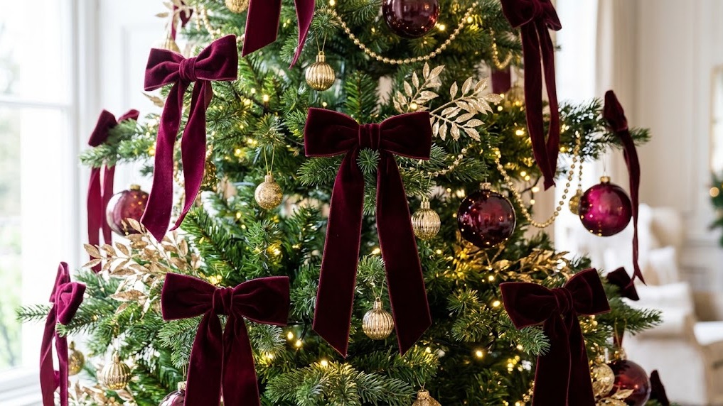 Burgundy Christmas decor velvet bow tree close up