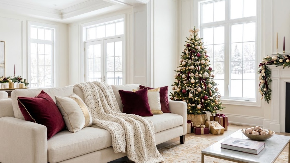 Burgundy velvet pillows on a cream sofa
