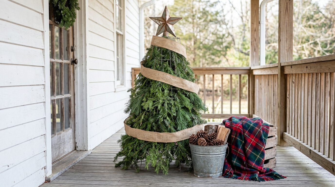 Tomato Cage Christmas Trees idea: burlap ribbon spiral over greenery with a tin star