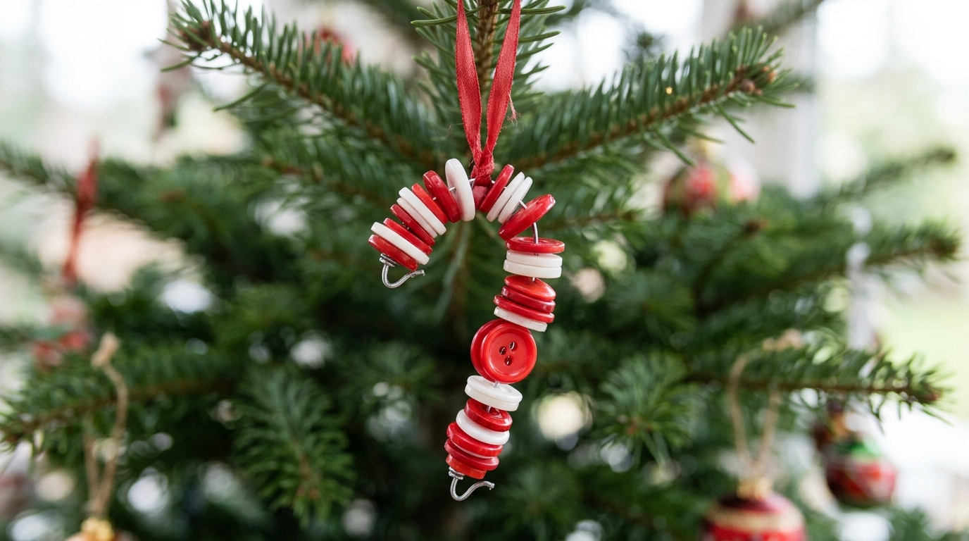 Red and white button candy cane ornament on wire