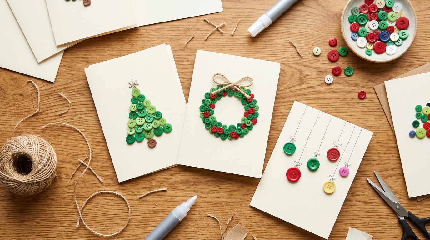 Button Christmas crafts for cards: handmade Christmas cards with button trees and wreaths