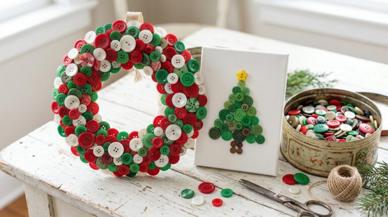 Button Christmas crafts: a red, green and white button wreath and a button tree canvas beside a vintage button tin