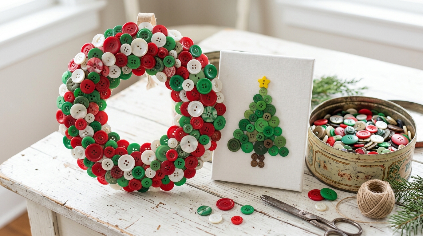 Button Christmas crafts: a red, green and white button wreath and a button tree canvas beside a vintage button tin
