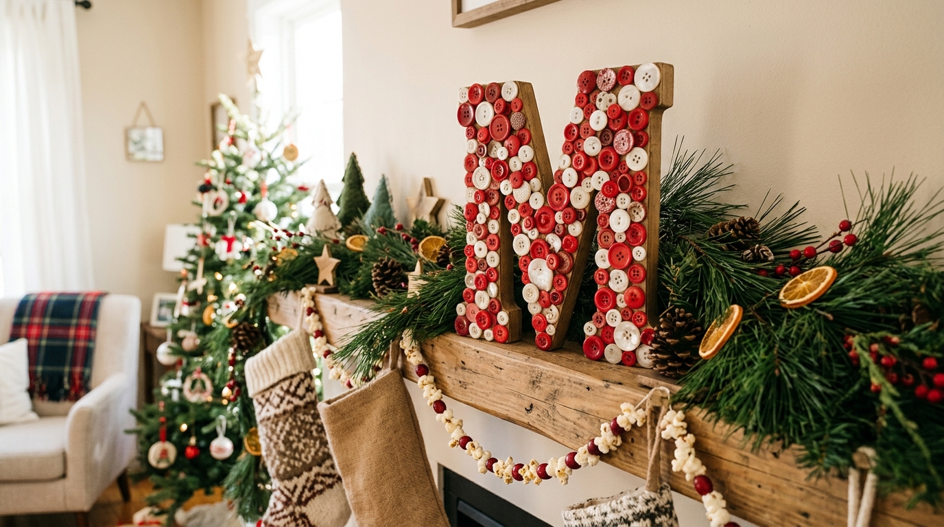 Button Christmas crafts for the mantel: a wooden letter covered in red and white buttons