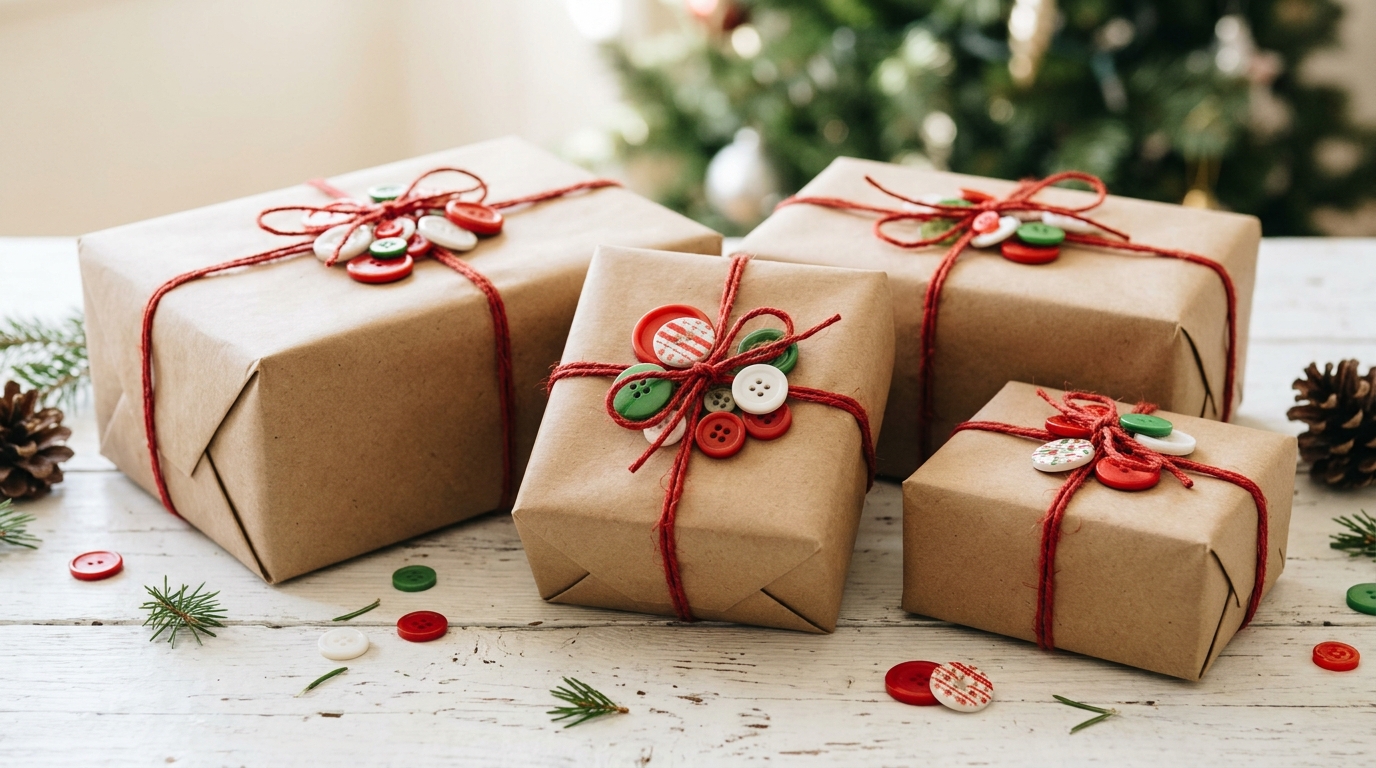 Button Christmas crafts as gift toppers on kraft paper presents tied with red twine