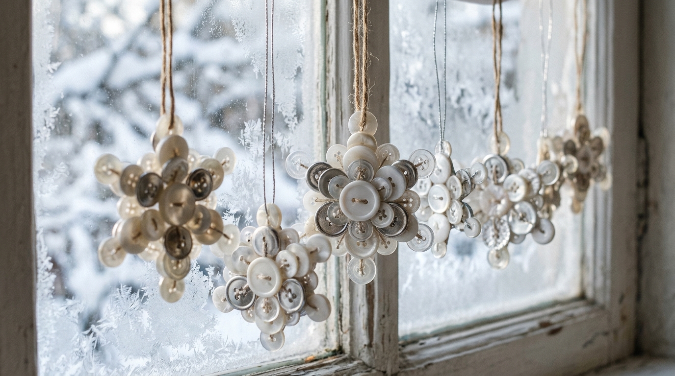 Snowflake ornaments made of white and silver buttons hanging in a frosty window