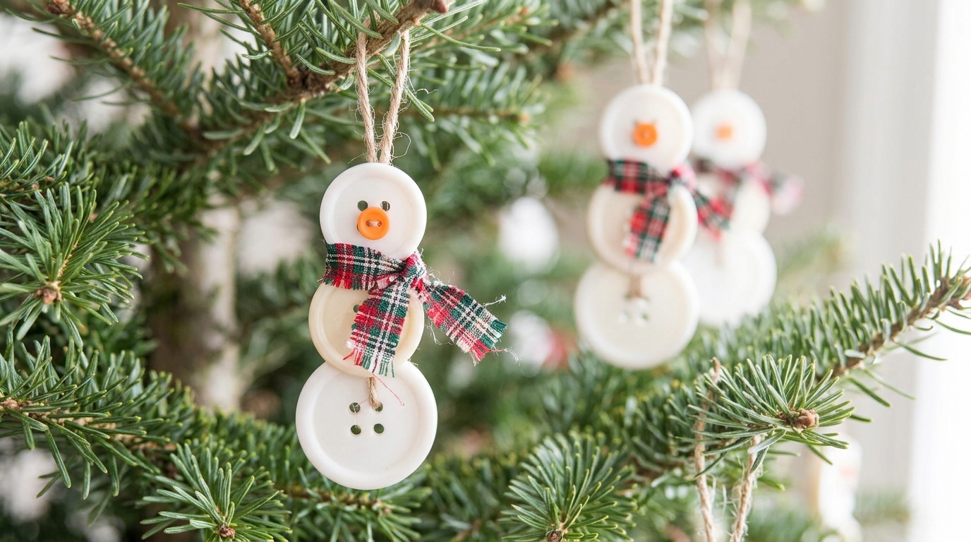 Button Christmas crafts for the tree: snowman ornaments made from stacked white buttons