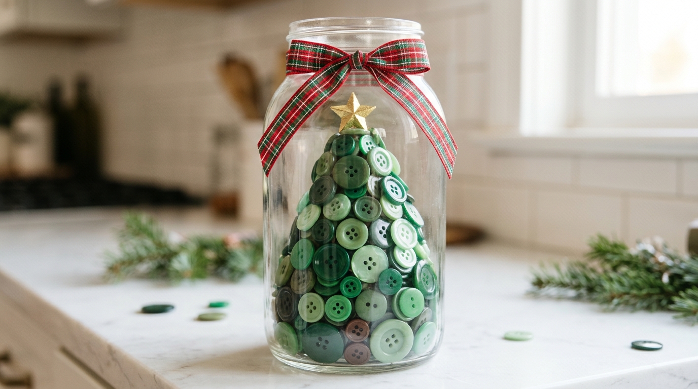 Green buttons layered in a glass jar in the shape of a Christmas tree