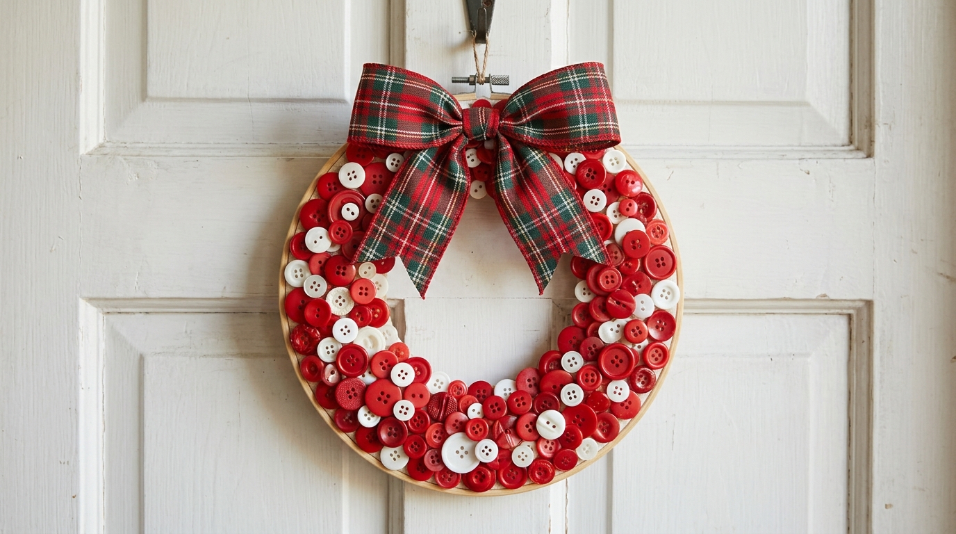 Red and white button wreath made on an embroidery hoop with a plaid bow
