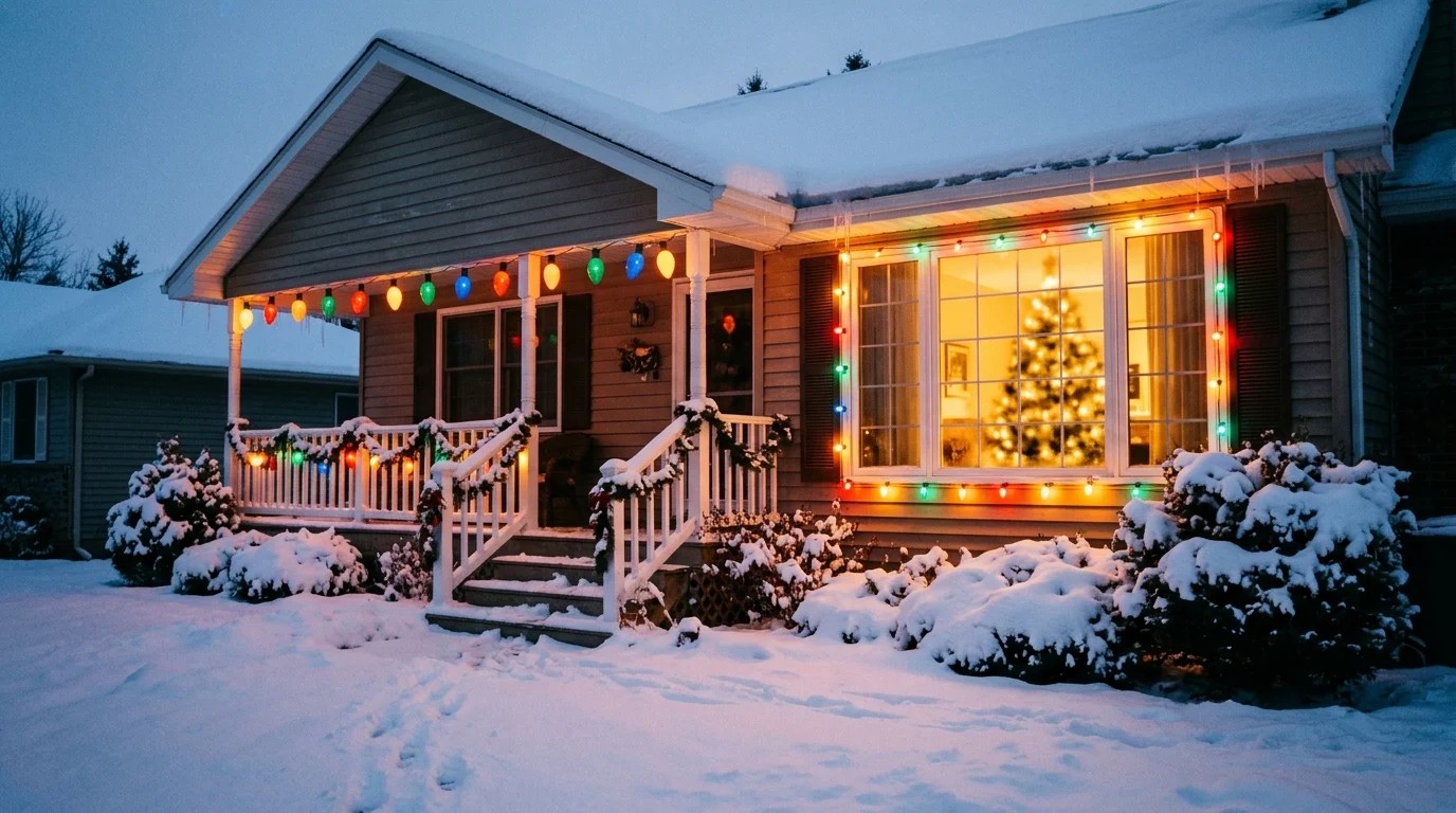 90s Christmas decor with big colored bulb lights on a snowy porch