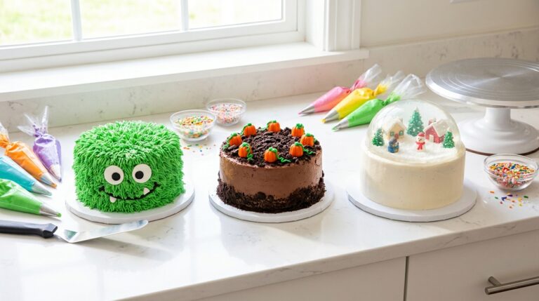 Cake art challenges lineup of a monster face cake, pumpkin patch cake and snow globe cake
