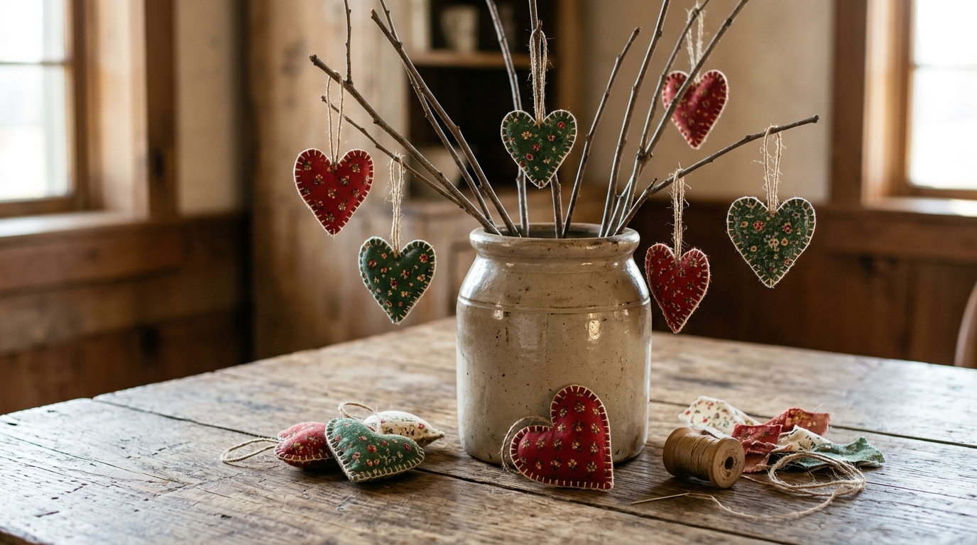 Stuffed calico hearts with blanket stitches hanging on bare branches