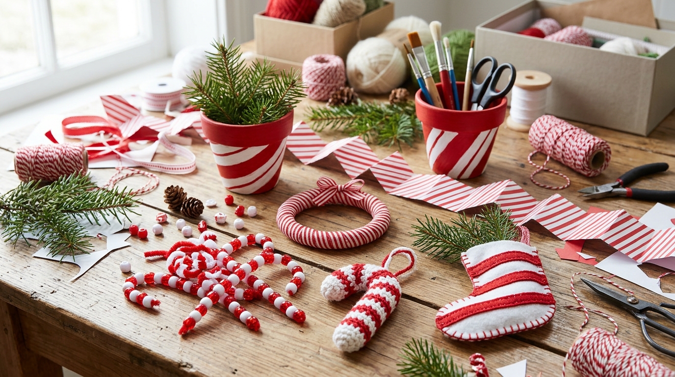 Candy cane crafts on a craft table including beaded canes, a crochet cane, a striped wreath, painted pots and a felt stocking