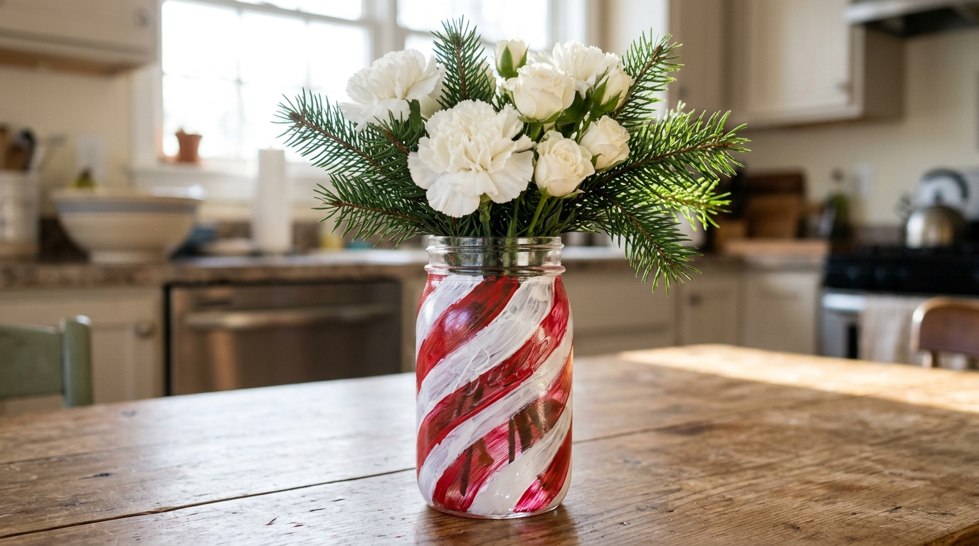 Clear mason jar painted with red and white candy cane stripes holding white flowers and pine sprigs