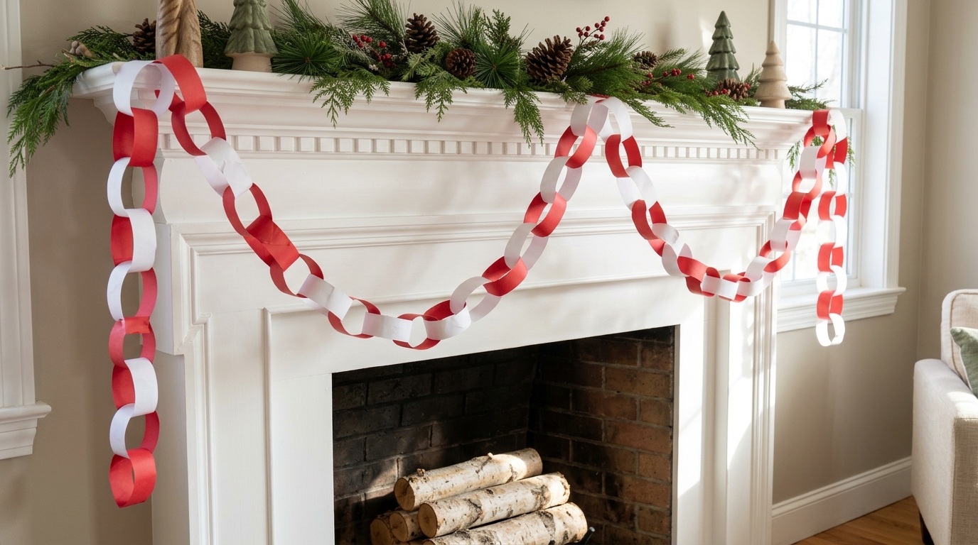 Candy cane crafts paper chain garland of red and white strips draped across a white mantel with pine