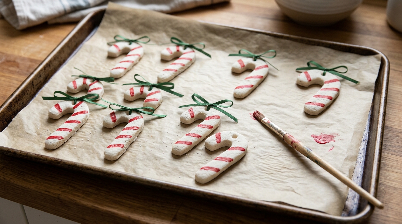 White salt dough candy cane ornaments painted with red stripes and tied with green ribbon on a baking sheet