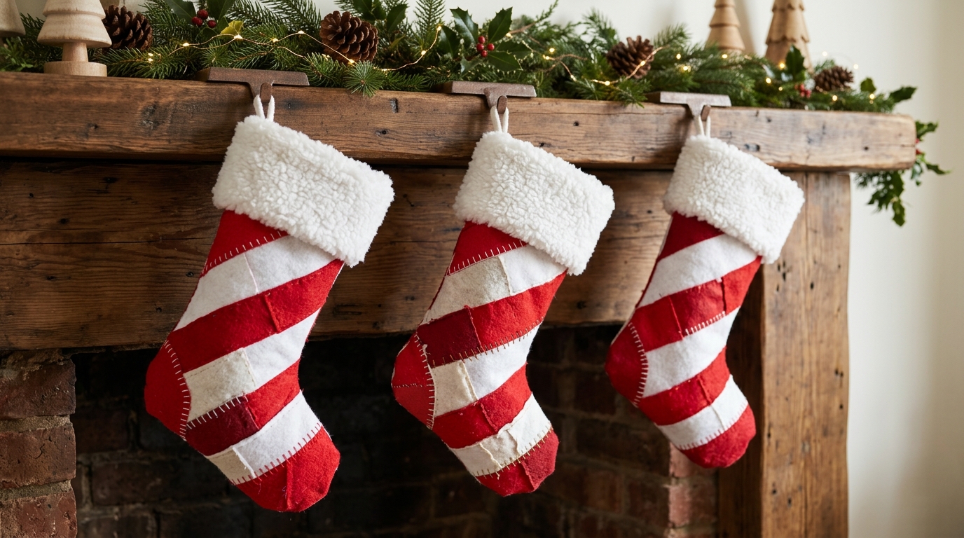 Three felt Christmas stockings with wide red and white candy cane stripes and white cuffs on a wooden mantel