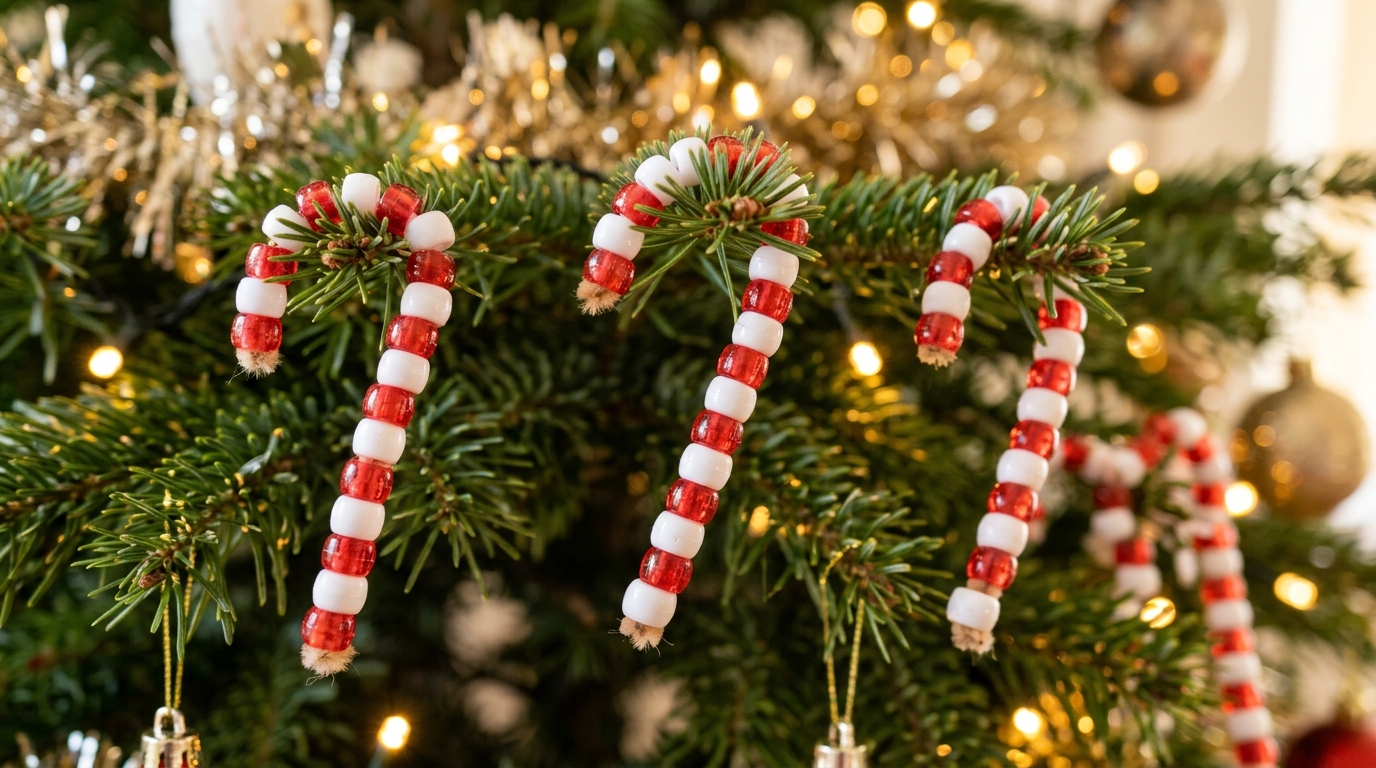 Candy cane crafts made from red and white pony beads on pipe cleaners hanging on a Christmas tree