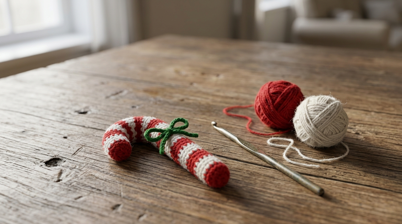 Small crochet candy cane ornament with red and white yarn stripes and a green bow beside yarn and a hook