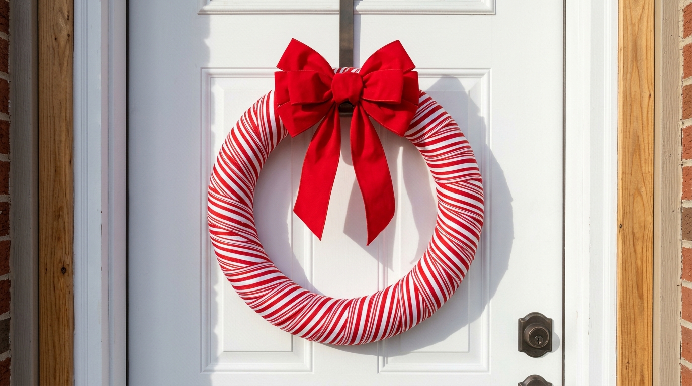 Candy cane crafts wreath wrapped in red and white striped ribbon with a big red bow on a white door