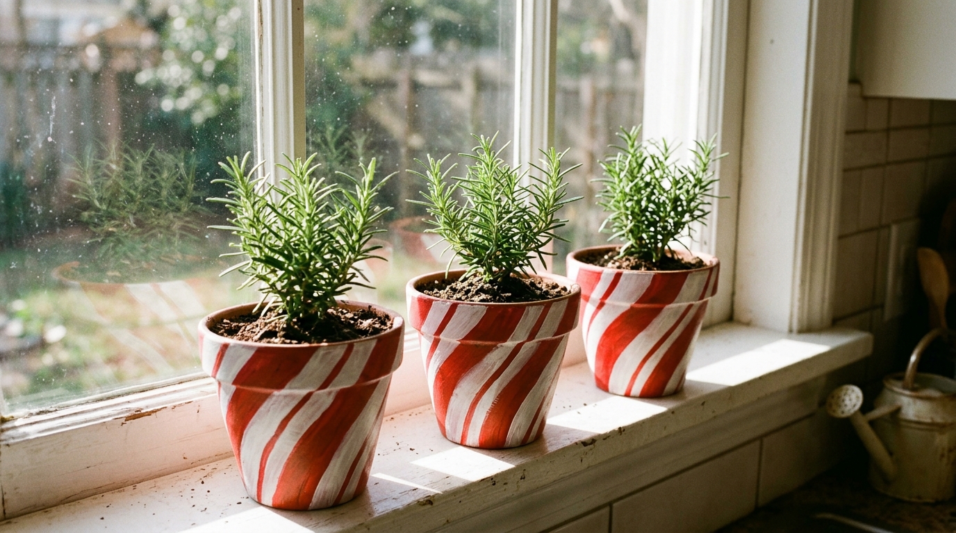 Candy cane crafts terracotta flower pots painted with red and white peppermint stripes holding rosemary plants on a windowsill