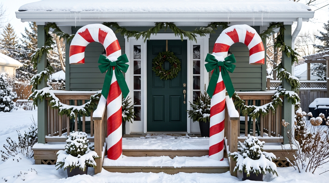 Two giant candy canes made from cardboard tubes painted red and white with green bows beside a snowy front door