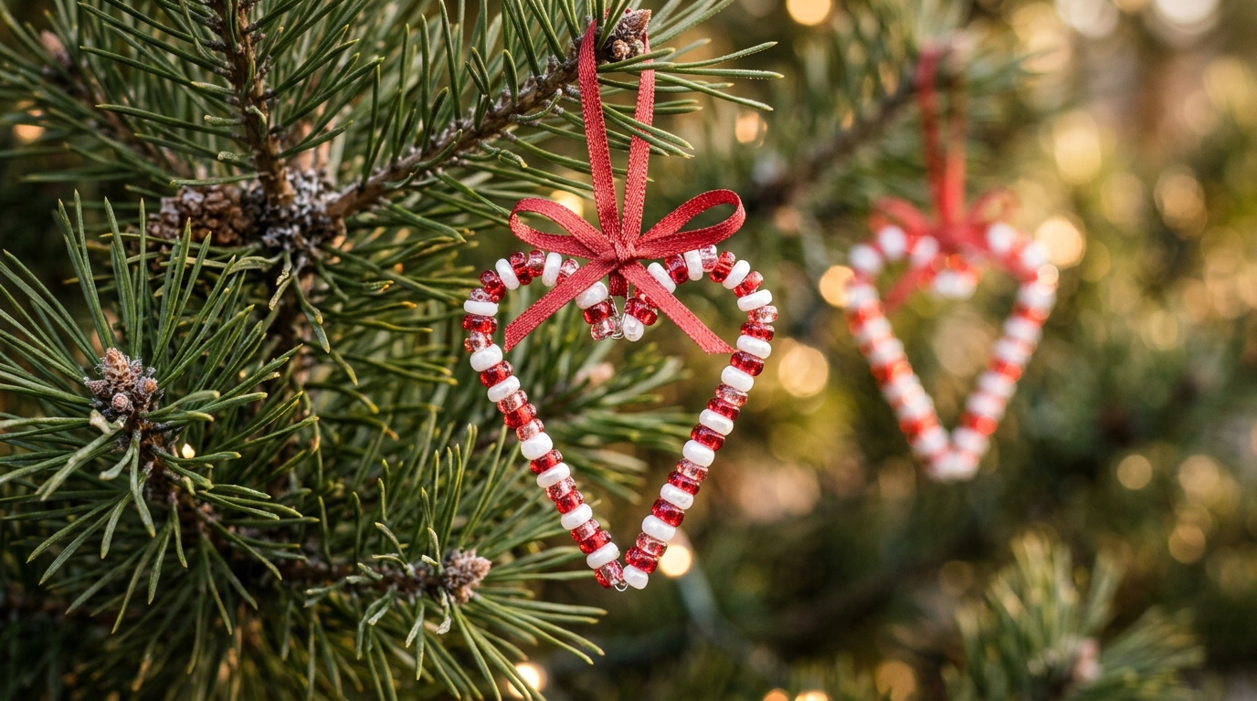 Heart shaped ornaments made from two beaded candy canes tied with red ribbon hanging on a pine branch