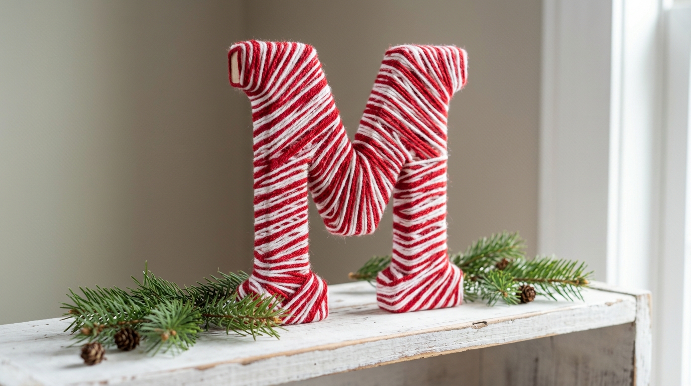 Candy cane crafts large wooden letter wrapped in diagonal red and white yarn stripes on a white shelf with pine sprigs