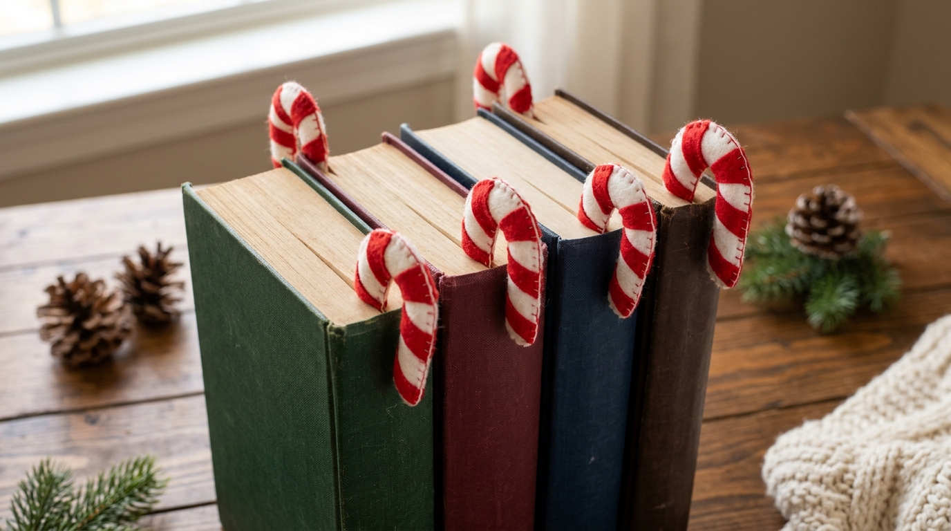 Candy cane crafts felt bookmarks shaped like candy canes poking out of hardcover books