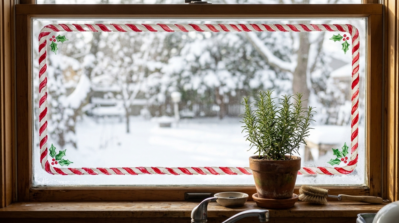 Red and white candy cane frame painted around a kitchen window